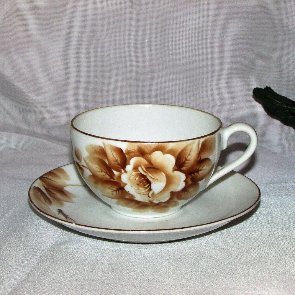 1940's Teacup Occupied Japan Hand Painted Cup & Saucer Brown Rose Vintage Boho